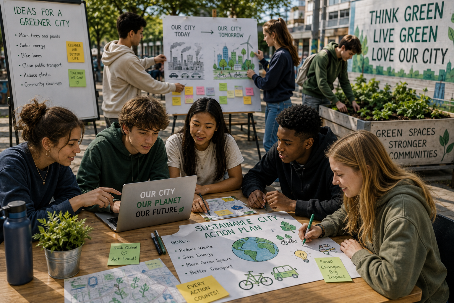 Teens planning a sustainable city action project together